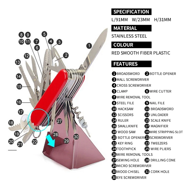  Multi-Functional Swiss 91mm Folding Knife Stainless Steel Multi Tool Army Knives Pocket Hunting Out