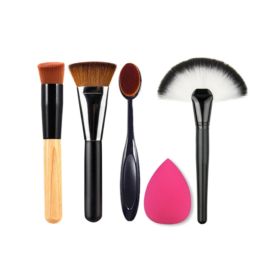 

5pcs Makeup Powder Blusher Foundation Brush +Sponge Puff +Large Fan Brush+ Oval Make Up Tools Cosmetic Kit 50sets/lot (OS0606)