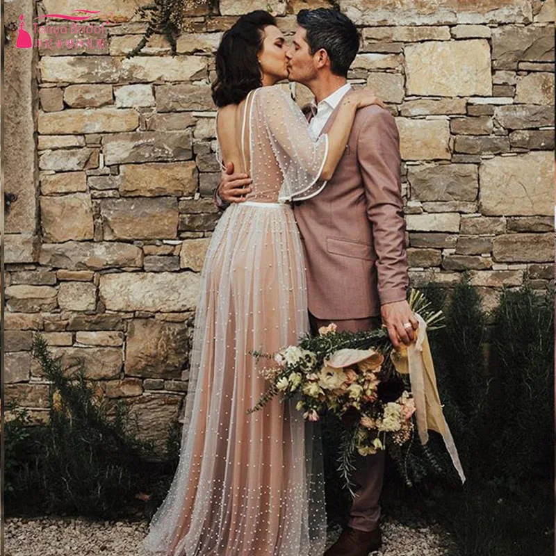 

Luxury Tulle Embroidery Pearls Wedding Dresses Dark Nude Lining Fashion Bridal Gowns Sexy Backless A Ling Chic Noiva ZW181