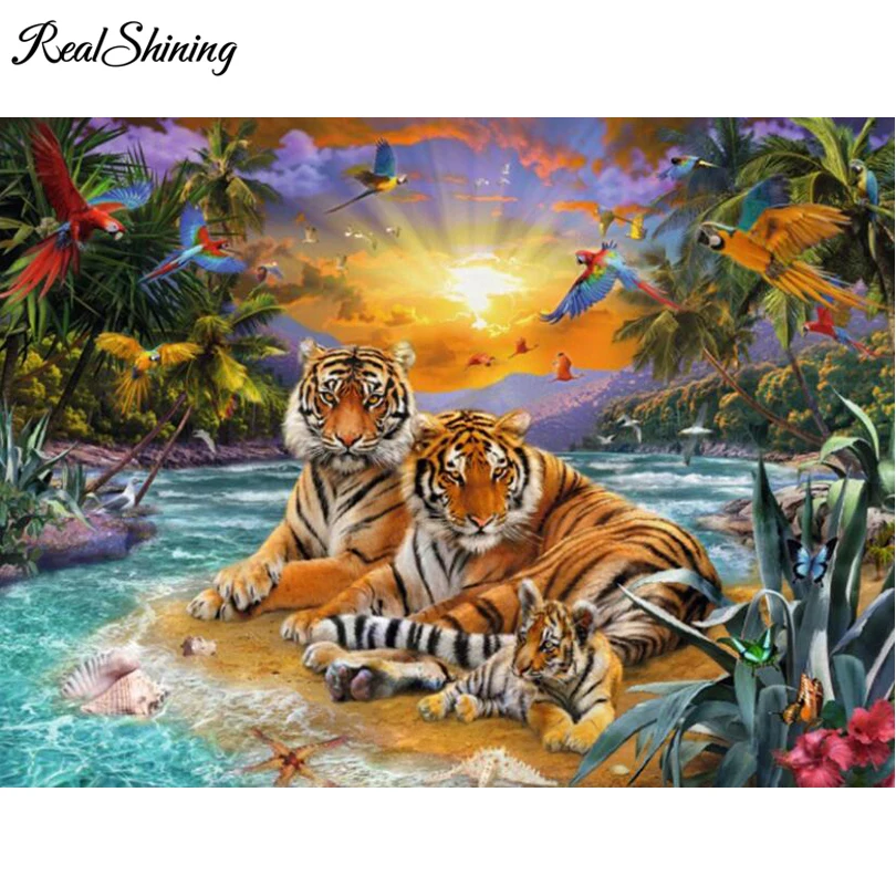 

REALSHINING Needlework DIY 5D Diamond Painting Full Square Beach Tiger Family Cross Stitch Diamond Embroidery Mosaic Gift FS186