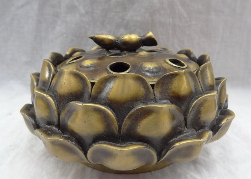 

S4044 8" Tibet Bronze Buddhism Auspicious Lotus Root Statue Incense Burner Censer D0317