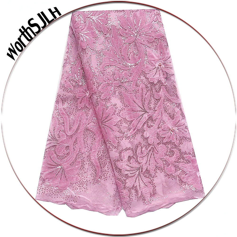 

2019 High Quality Nigerian Sequence Lace Fabric Magenta African French Lace Fabric Pink Bridal Tulle Lace Fabric With Velvet