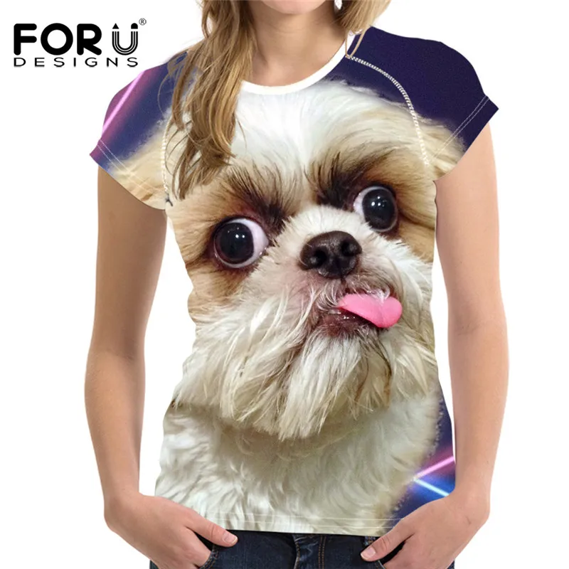 FORUDESIGNS Shih Tzu Print T Shirts for Women Top,Schnauzer Elastic T