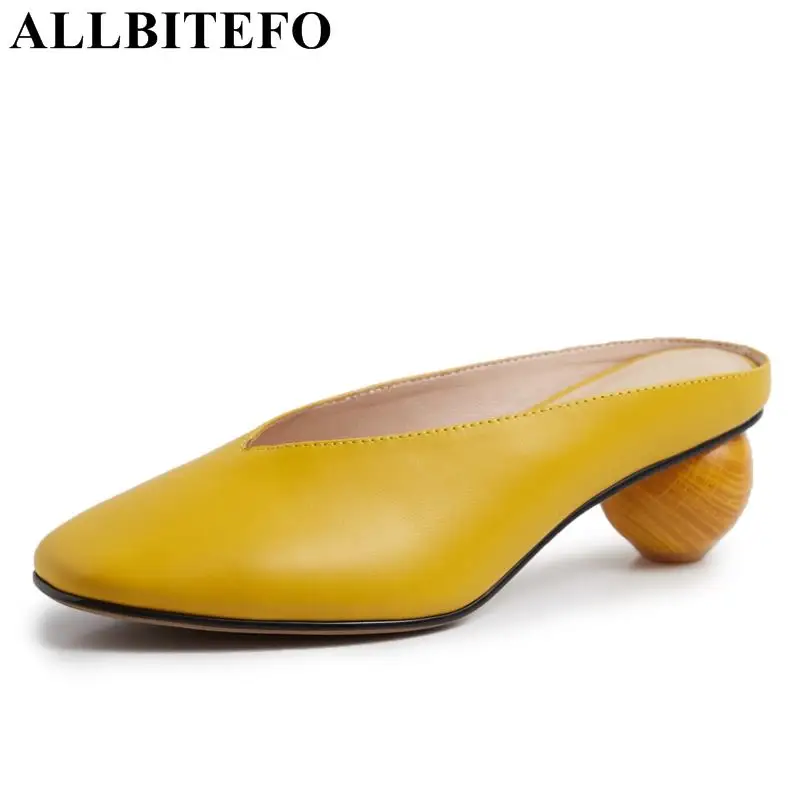 

ALLBITEFO 2019 brand new arrival genuine leather round heels shoes fashion sexy summer women flip flops women slides