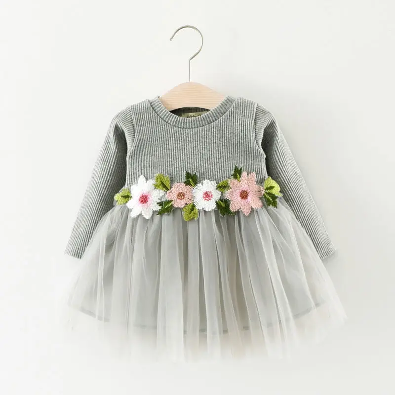 Платье принцессы трапециевидной формы с цветочным рисунком из тюля с длинными рукавами для девочки-малыша; детская модная Милая одежда