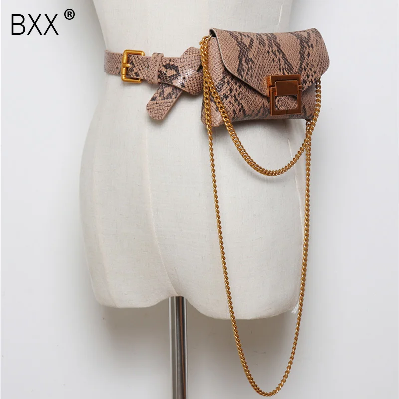 

[BXX] Waist Bag Mini Women Belt Bags Snake Skin Pack Vintage Waist Pack Female Messenger Purse Metal Buckle Waist Pouch HG505