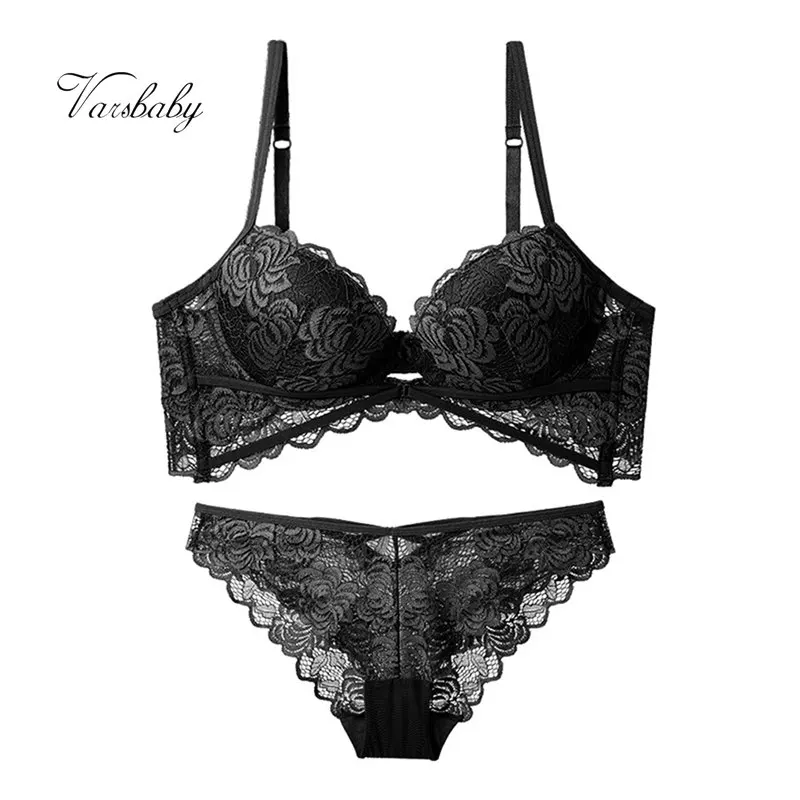 

Varsbaby ladies sexy gather lingerie set three quaters solid underwear floral lace push up bra set