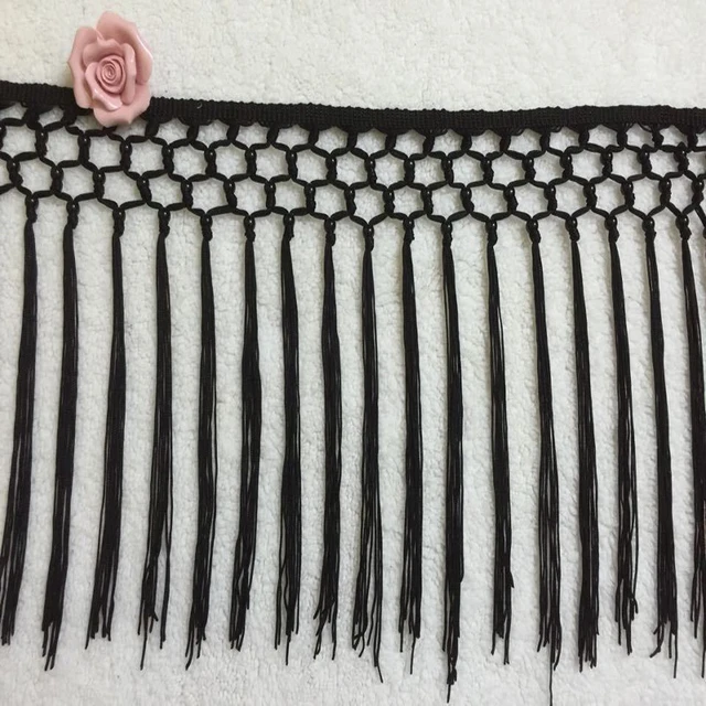 Black Long Polyester Beads Tassel Fringe Trim African Lace Yarn Ribbon Cord  Guipure Sew Latin Dress Garment Accessories