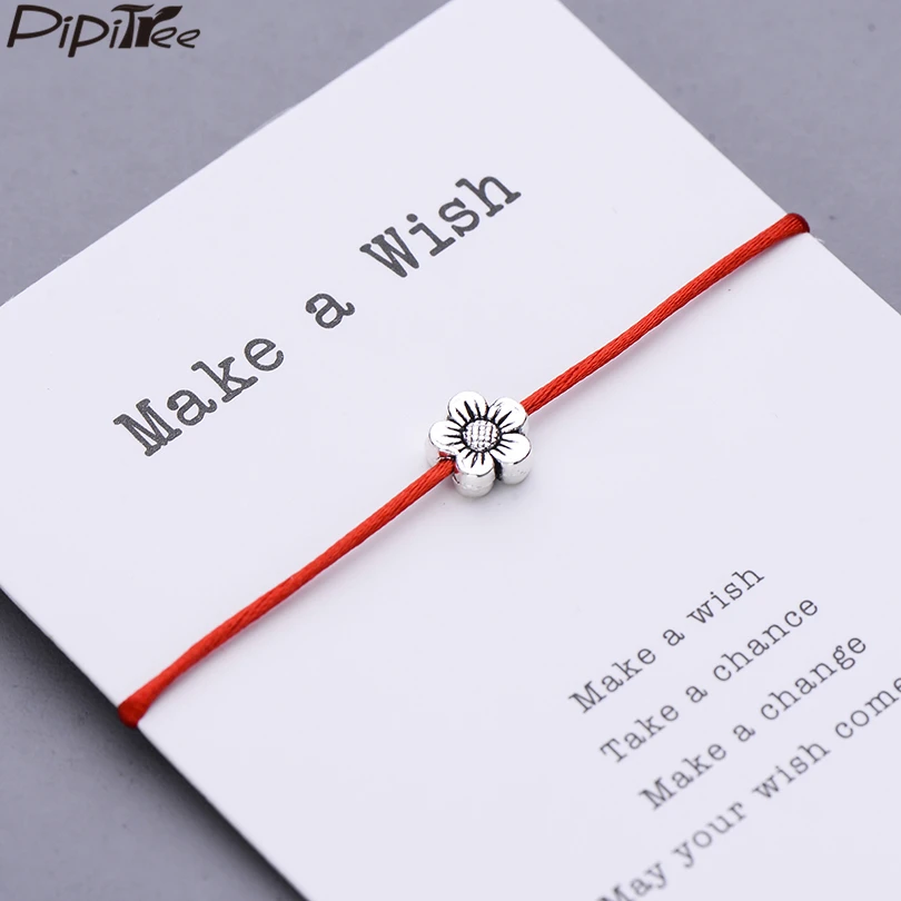 Pipitree Make a Wish, мини-браслет с цветами, женский, регулируемый, на удачу, красные браслеты, для женщин, детей, Wish, ювелирное изделие, карта, подарок