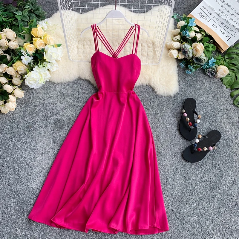 

Holiday Summer 2019 Retro Dress Women Sleeveless Solid Color New High Waist Party Club Elegant Vestidos F689