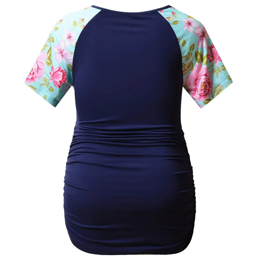 Maternity Clothes Fashion Women Maternity O-Neck Short Sleeve Print Ruched Pregnant Top Blouse Ropa Embarazada Nursing Top 2019