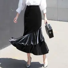 Весенне-осенняя винтажная бархатная черная юбка русалки, модные женские элегантные велюровые юбки размера плюс 2XL