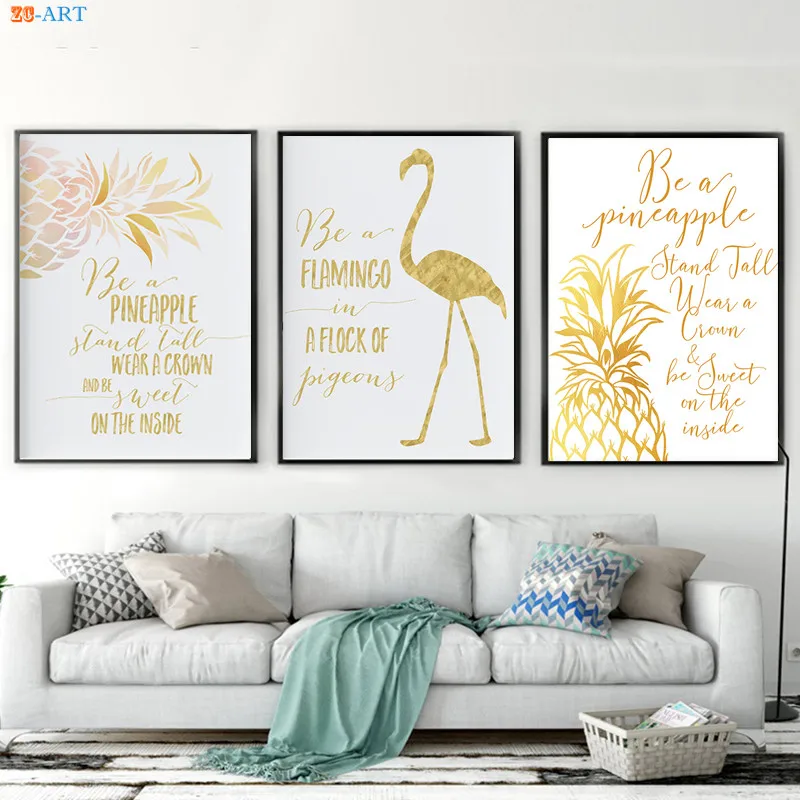 

Flamingo Pineapple Print Poster Watercolor Gold Nursery Decor Quote Canvas Paianting Wall Art Pictures Living Room Home Decor