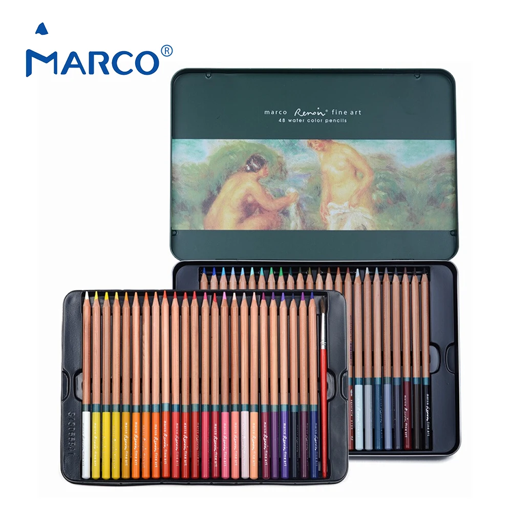 

Marco Renior Fine Art Watercolor Pencils set 24 36 48 72 colors Soft Core Water Soluble Colored Pencil with Metal Tin Case brush