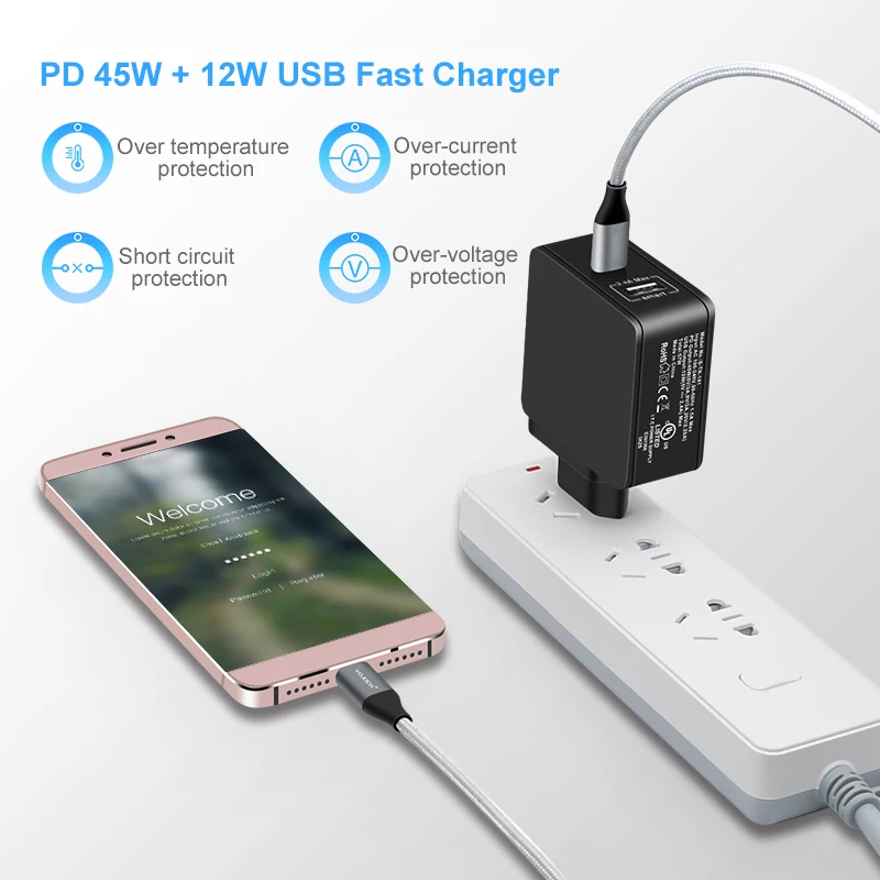 Настенное зарядное устройство usb type-C с питанием для IPhone X Macbook Pro PD с кабелем USB C 1,8 м