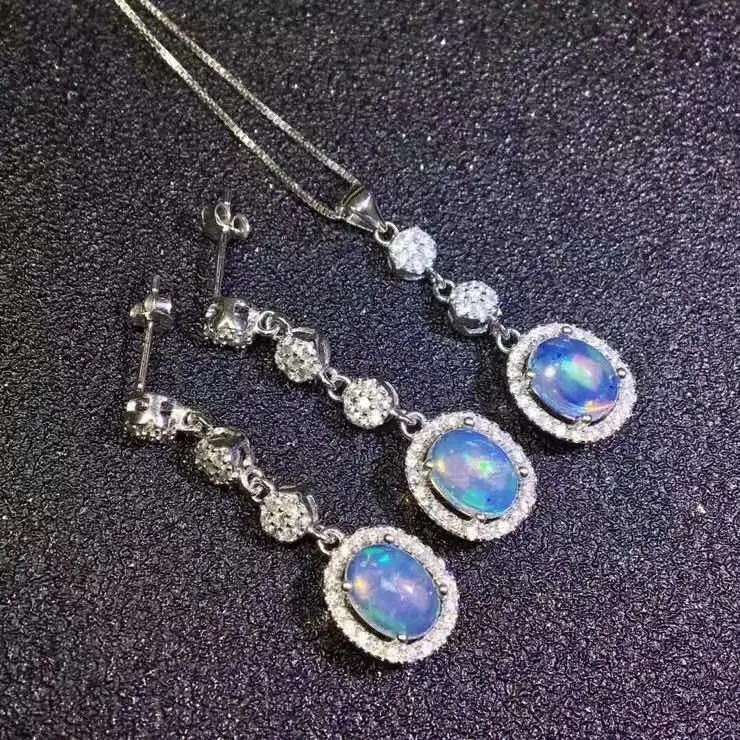 

Natural Opal necklace pendant + ear nail 925 pure silver precision inlaid Opal fire color very good support test