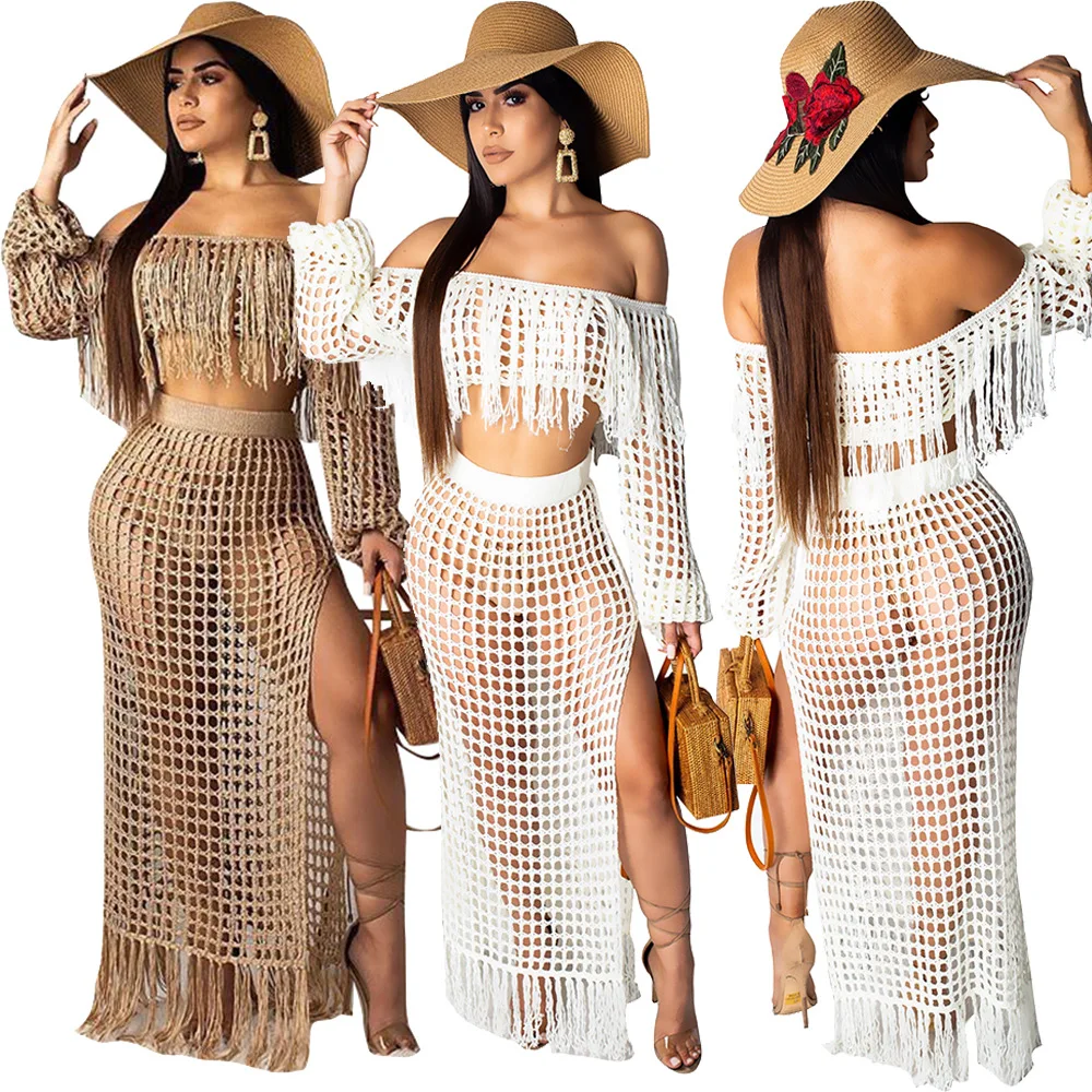 

2019 Summer Women Skirts Sexy Elegant Long Skirt Boho Mesh Beach Skirt Female Jupe Faldas Saias Two-piece Set Skirts&Tops Tassel