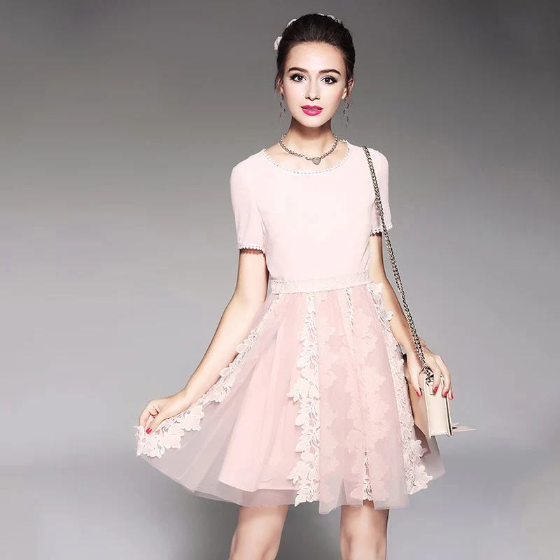 Embroidery Lace Women Dress New Designer Summer Short Sleeve Knee 