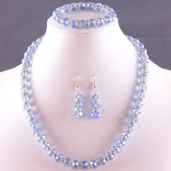 

NEW 8X10MM Light blue Crystal Faceted Beads Necklace+ Bracelet +Earrings 18"7.5