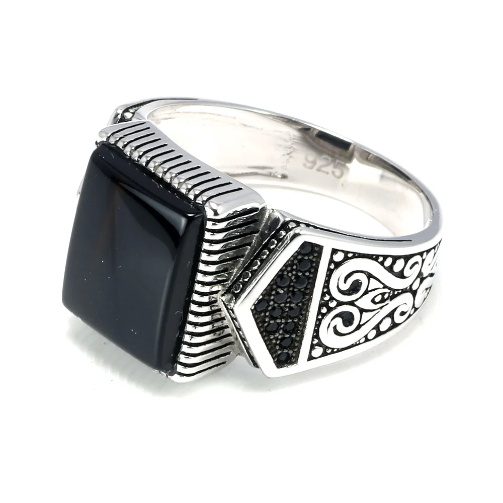 Гарантированные мужские кольца, Серебро s925, античные турецкие кольца для мужчин, перстень с камнем, цветные квадратные турецкие ювелирные изделия Anello Uomo - Цвет основного камня: Black