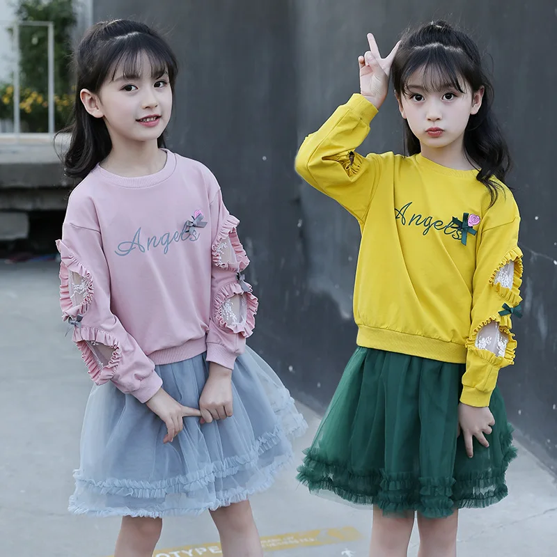 

Girls' Autumn New Suit Children's Korean Long-sleeved T-shirts Skirts Two-piece Set Girls Set