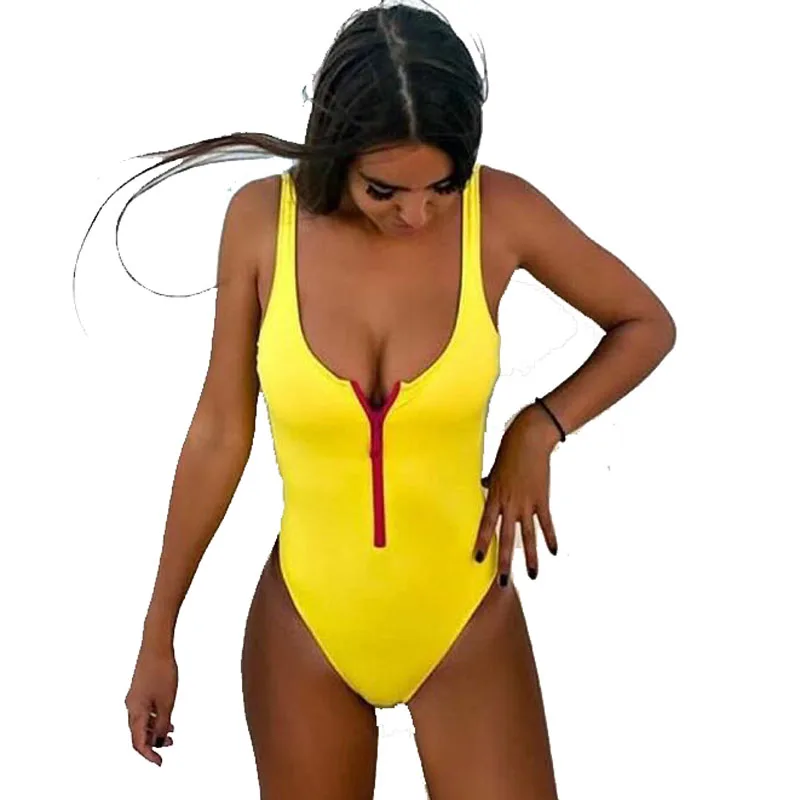 

Voobuyla V neck Zipper One-Piece Swimsuit High Cut One Piece Swimwear Women Zipper Swimsuit Solid Monokini Maillot Swim Wear