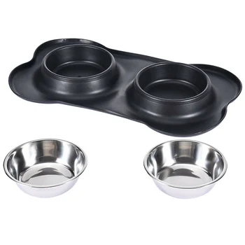 

Steel Dog Bowl With No Spill Non-Skid Silicone Mat Feeder Pet Puppy Cat Food Container for Dogs Cat Double Water Bowl HFing