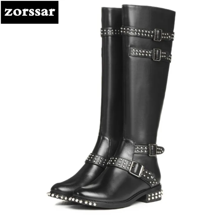 

{Zorssar} 2018 New Fashion rivet Women Motorcycle boots Winter Warm Plush Genuine Leather Women knee high boots flat Botas Mujer