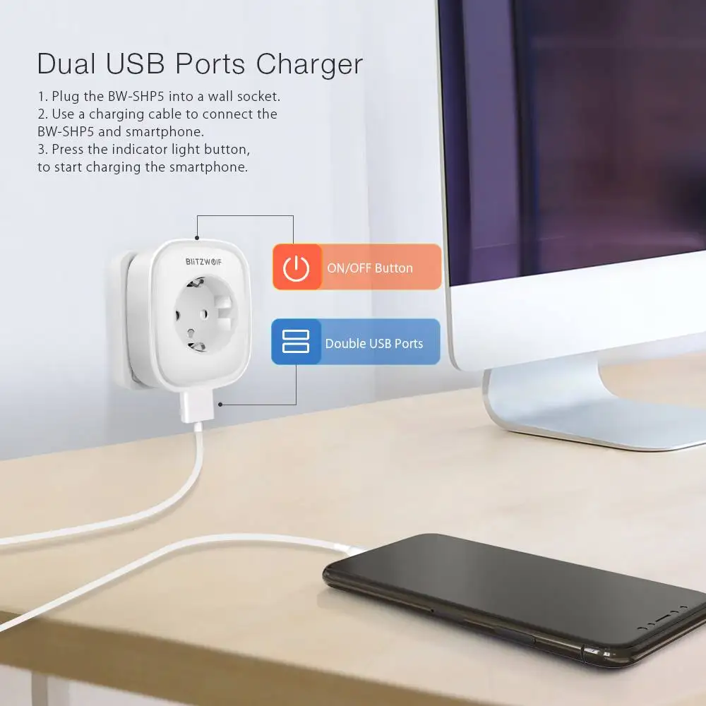 BlitzWolf BW-SHP5 2.1A двойной usb порты 16A Смарт Wi-Fi розетка ЕС Plug работать с Alexa Google Assistant BlitzWolf Tuya APP