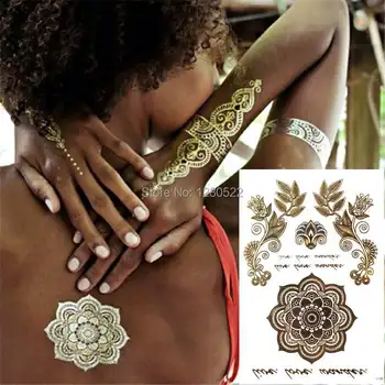 

2 sheets Fashion Totem Retro Flower Silver and Gold Flash Tattoo Temporary Metallic Tattoo Sticker Tatuagem for Women Beauty