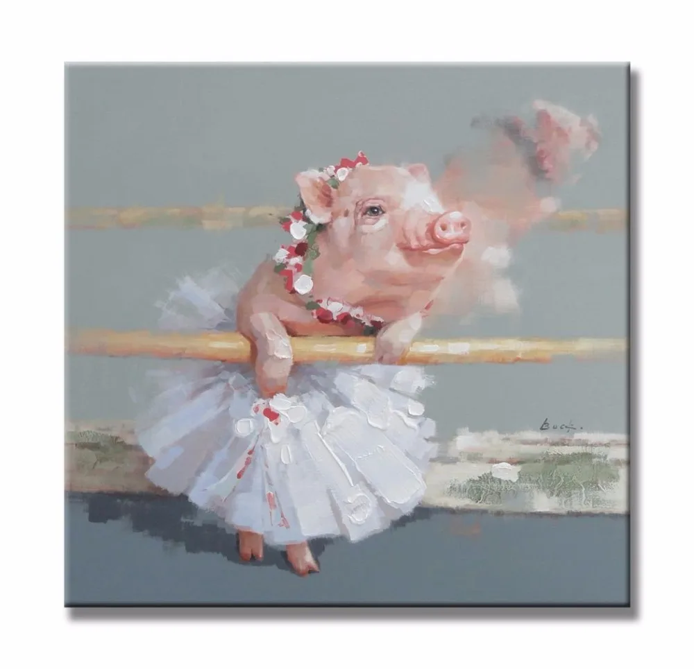 

The Pink Piggy in Tutus Cute Pig Animals Ballet Paintings 100% Handpainted Canvas Oil Paintings Wood Stretched Home Decor