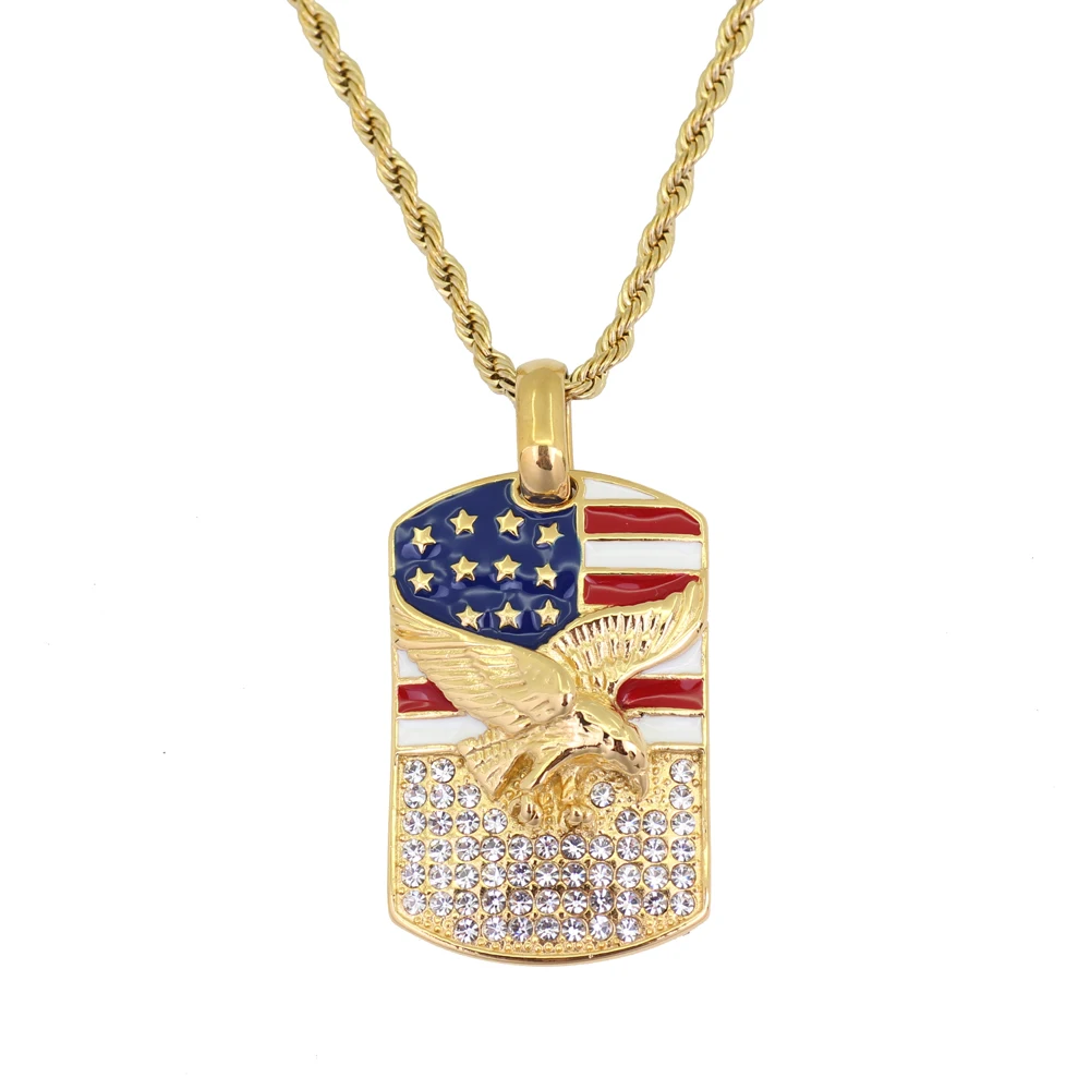 Stainless Steel Jewelry US flag Eagle Pendant Necklace Hip Hop Jewelry
