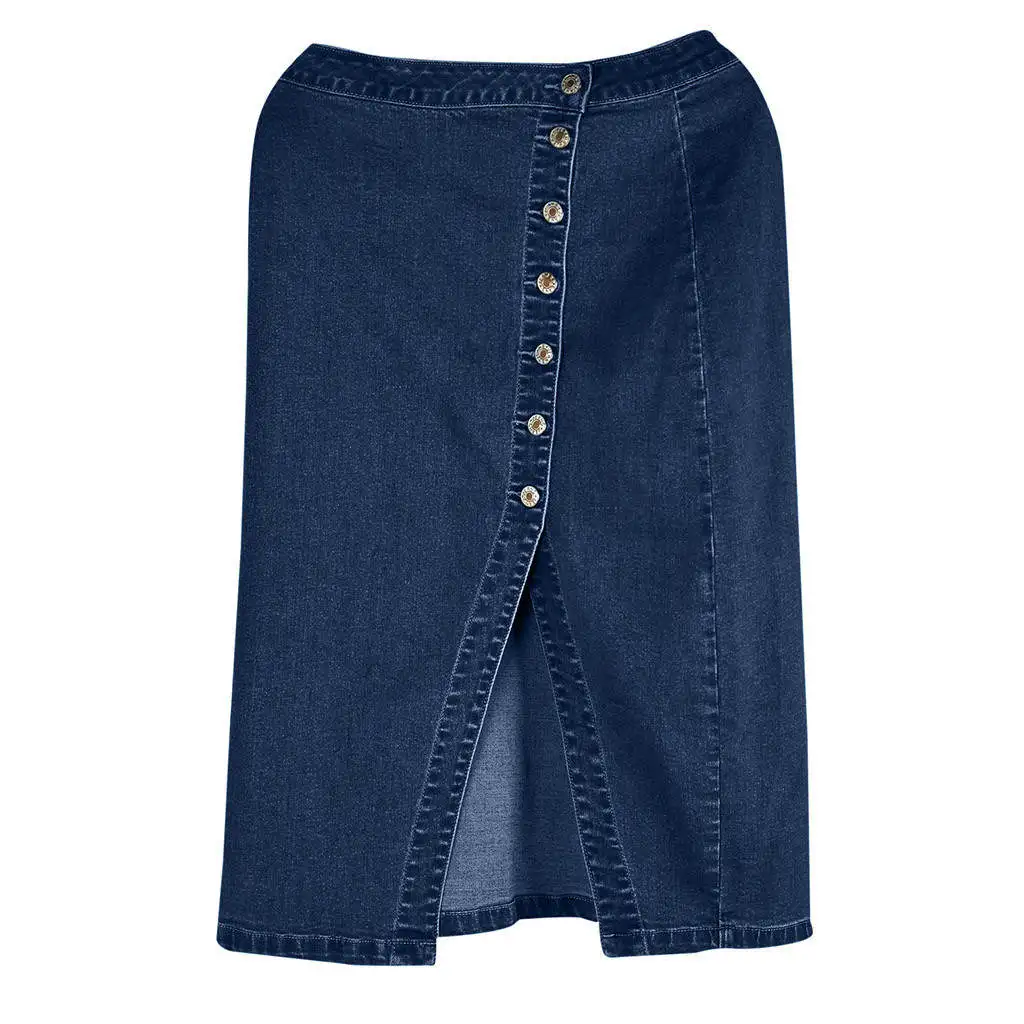 Размера плюс, джинсовая миди юбка лето, эластичная высокая талия, на пуговицах, с разрезом, юбки-карандаш для женщин, повседневные, вечерние, синяя джинсовая юбка, Jupe - Цвет: Синий