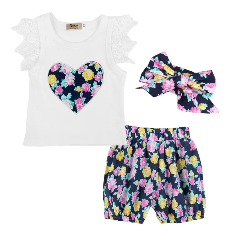 

3PCS Kids Baby Girls Floral Outfits Clothes T-shirt Tops+Shorts + Hats Clothing Set Summer