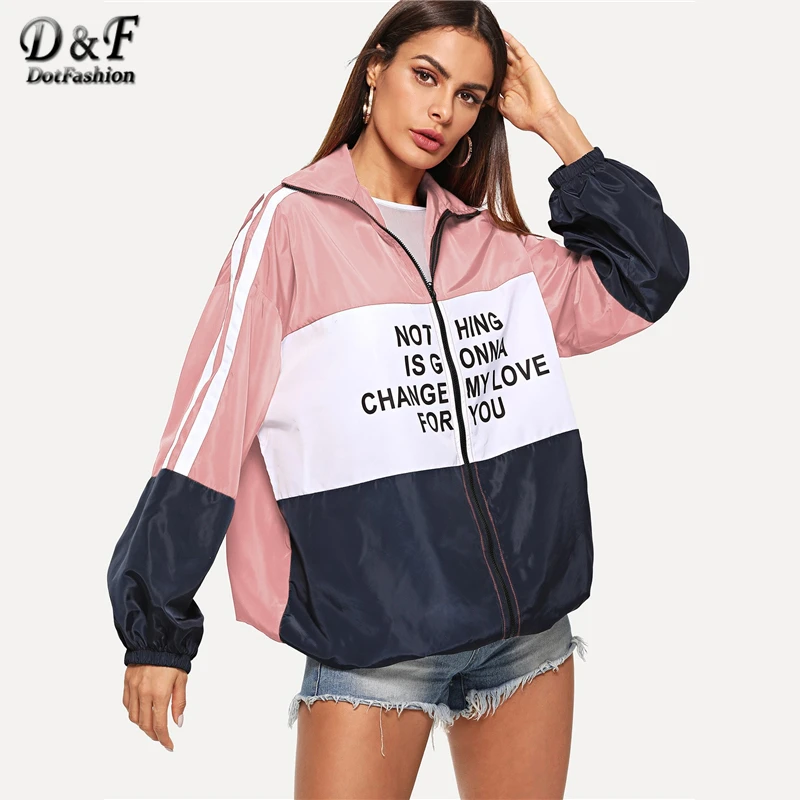 low cost Dotfashion Striped Letter Zip Up Color-Block Windbreaker Jacket Women 2019 Casual Streetwear Coat S