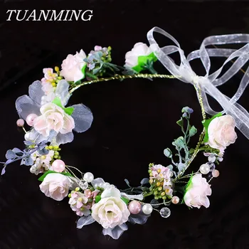 

Wedding Flower Garland Bride Headband Hair Accessories Beach Decor Princess Floral Wreath Bridesmaid Head Wreath For Hair