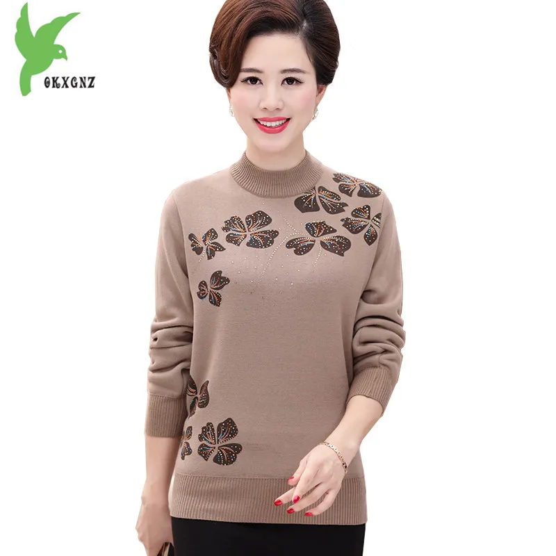 Women Autumn Winter Knit Sweater Bottoming shirt Flocking Warm Middle aged Female Pullover Plus size Diamond Sweaters OKXGNZ1299 | Женская