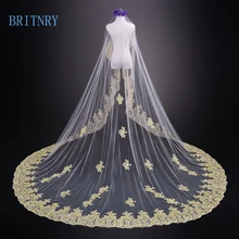 BRITNRY 3,5 м Длинная свадебная вуаль один слой Золотой кайма из кружева, свадебная фата белый цвет слоновой кости тюль, цвет Шампань вуаль высокого качества