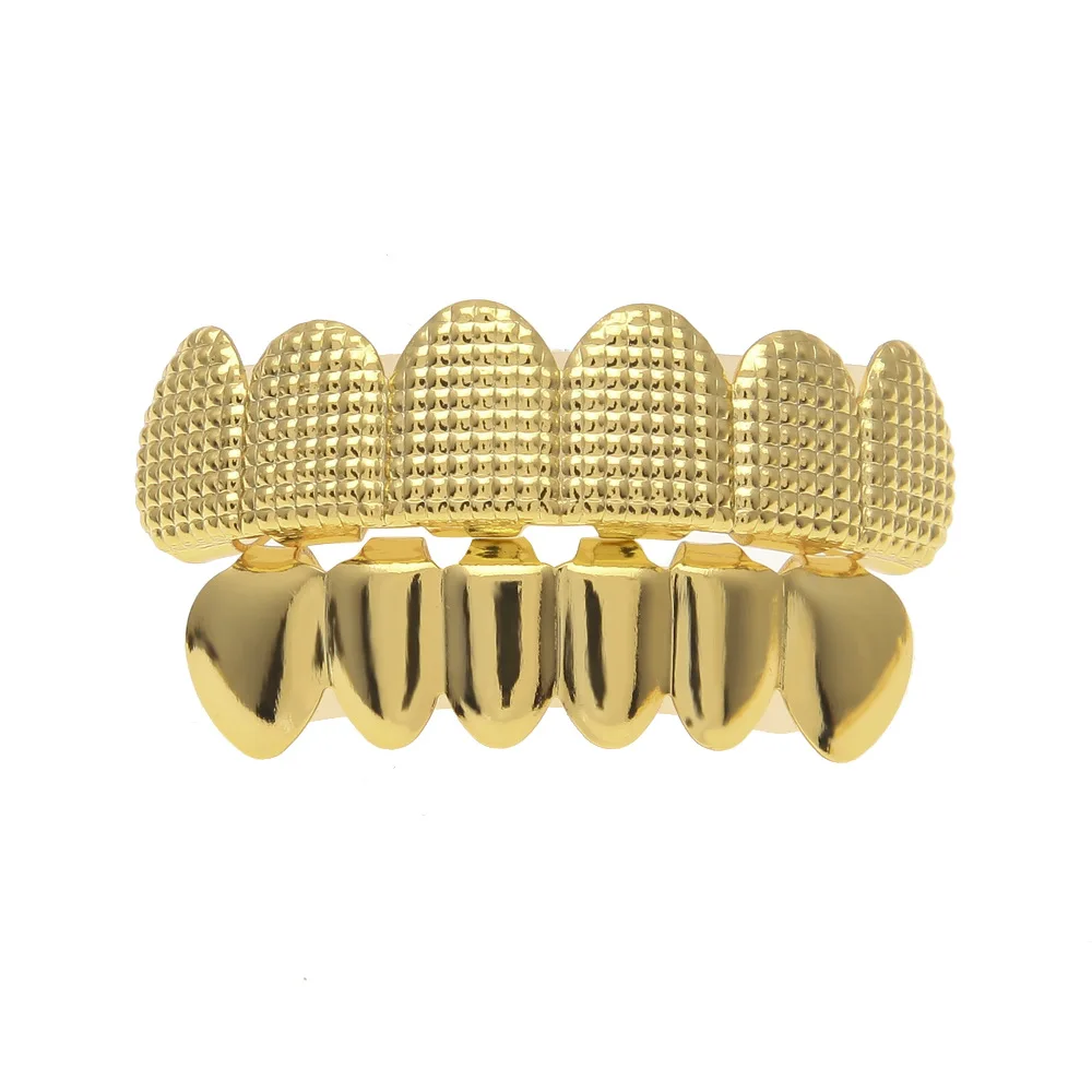 

2019 Men's 6 Top & Bottom Teeth Grillz Set Gold Silver Color False Bump lattice Dental Grills For women Body Hip Hop Jewelry