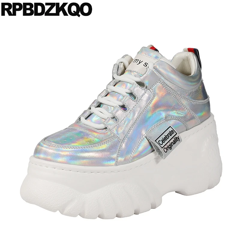 

Patent Leather Sneakers Harajuku Platform Mirror Creepers Muffin Designer Shoes Women Luxury 2019 Metallic Silver Gold Wedge