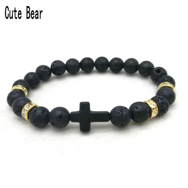 Cute Bear Lava Stone Matte Beaded Cross Bracelets Women Men Jewelry Cute Bear Lava Stone Matte Beaded Cross Bracelets Women Men Jewelry Natural Bangles Pulseras