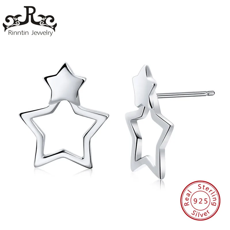 

Rinntin Solid 925 Sterling Silver Earrings For Women Double Stars Female Stud Earring Romantic Party Female Jewelry TSE67