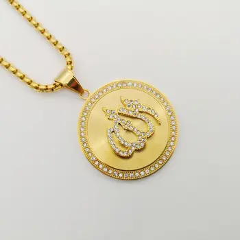 

Round Cubic zirconia stone Allah pendant necklace Gold color stainless steel Muslim Allah medal necklace religious BLKN0797