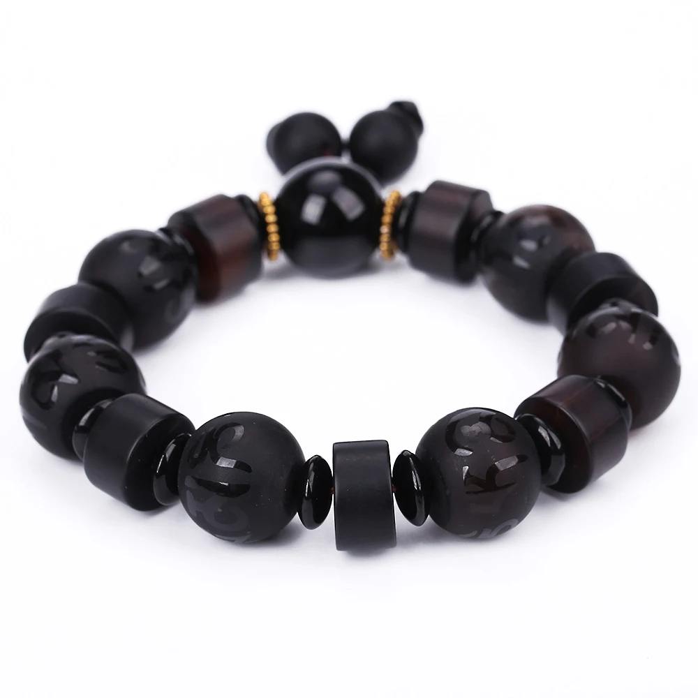 Natural Stone Black Agate Reiki Obsidian Six-Word Mantra Beads Bracelets For Women Men Classic Elastic Jade Buddha Bracelet Gift | Украшения