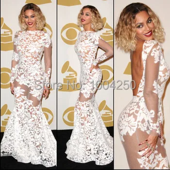 

Grammy Awards New Peacock Celebrity Dress Beyonce Michael Costello Sexy Backless Long Sleeves Mermaid Lace Evening Dress
