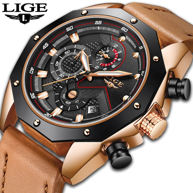 

LIGE Mens Watches Top Brand Luxury Military Sport Watch Men Casual Leather Waterproof Luminous Quartz Watch Relogio Masculino