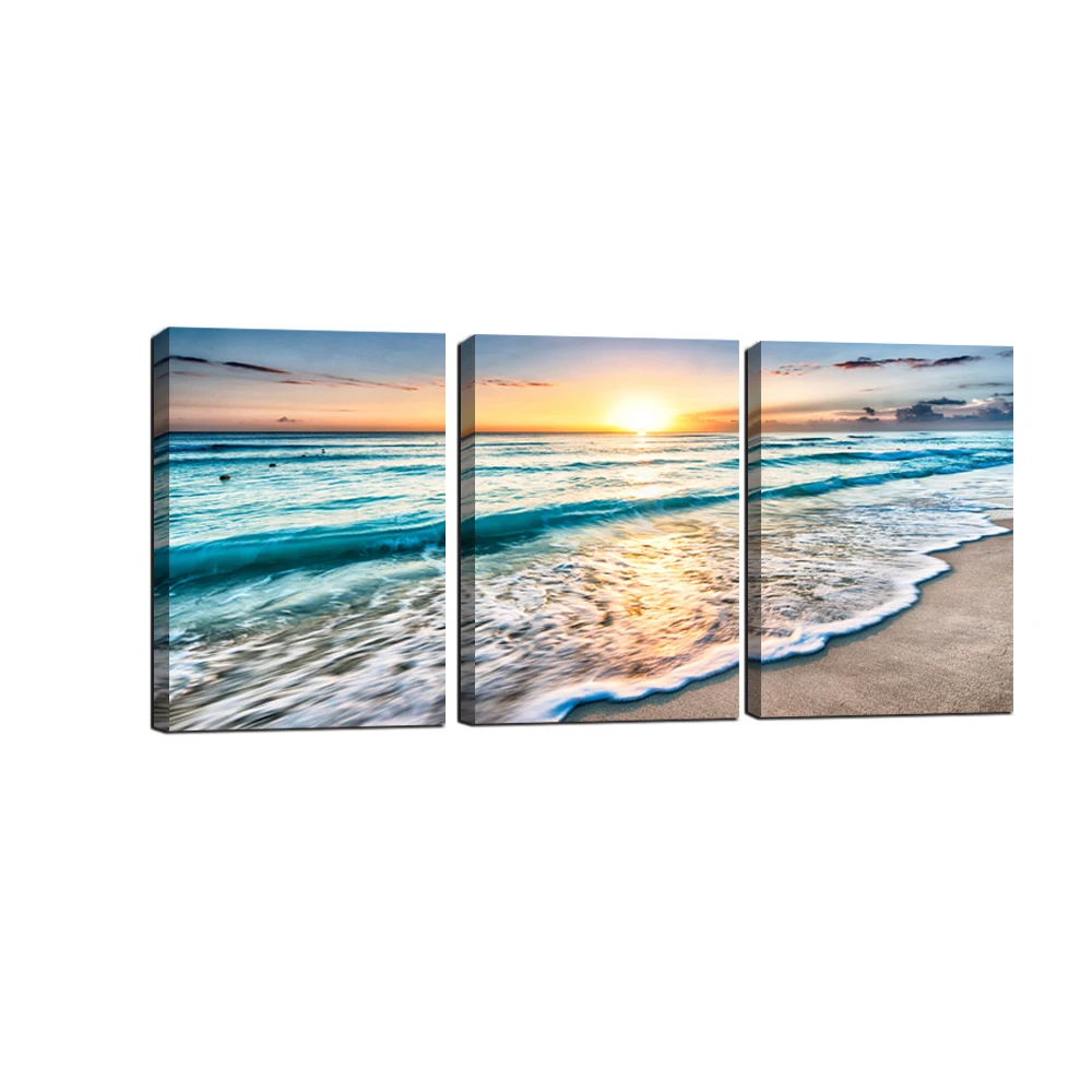 3-Panels-Rectangle-Seascape-Painting-Picture-Beach-Waves-Canvas-Art-Print-Sunrise-On-The-Sea-Art