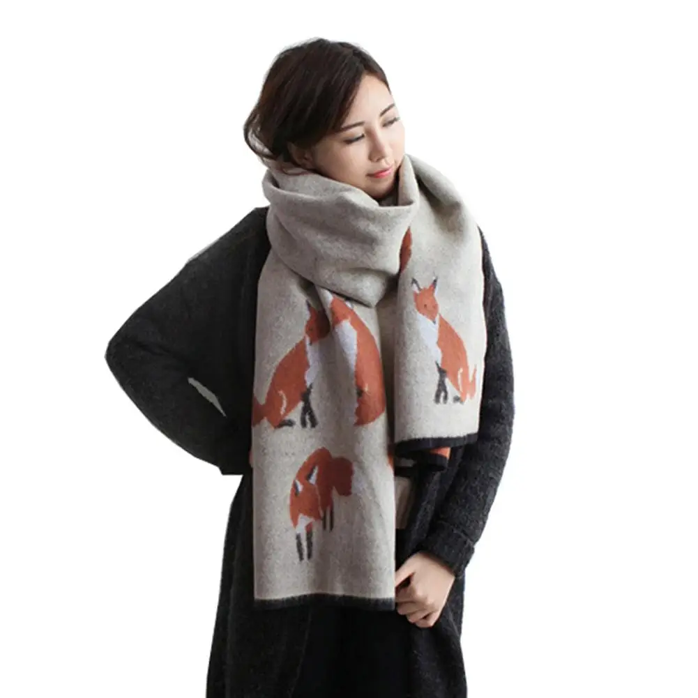 MISSKY женский зимний теплый кашемировый шарф с принтом лисы, плотная шаль, модный универсальный шарф