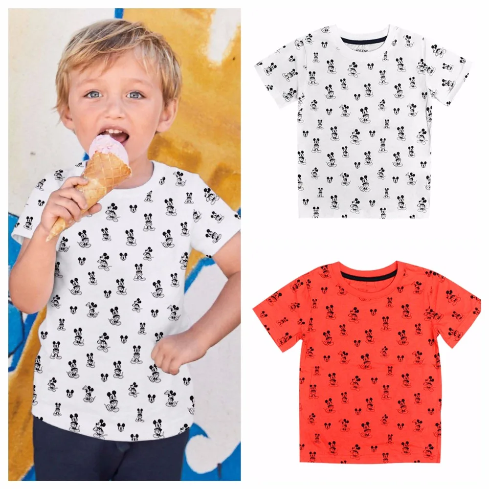 

fashion boys Summer Mickey Cartoon mouse printing top T shirt girls Cotton white & red Short sweatshirt kids birthday clothes