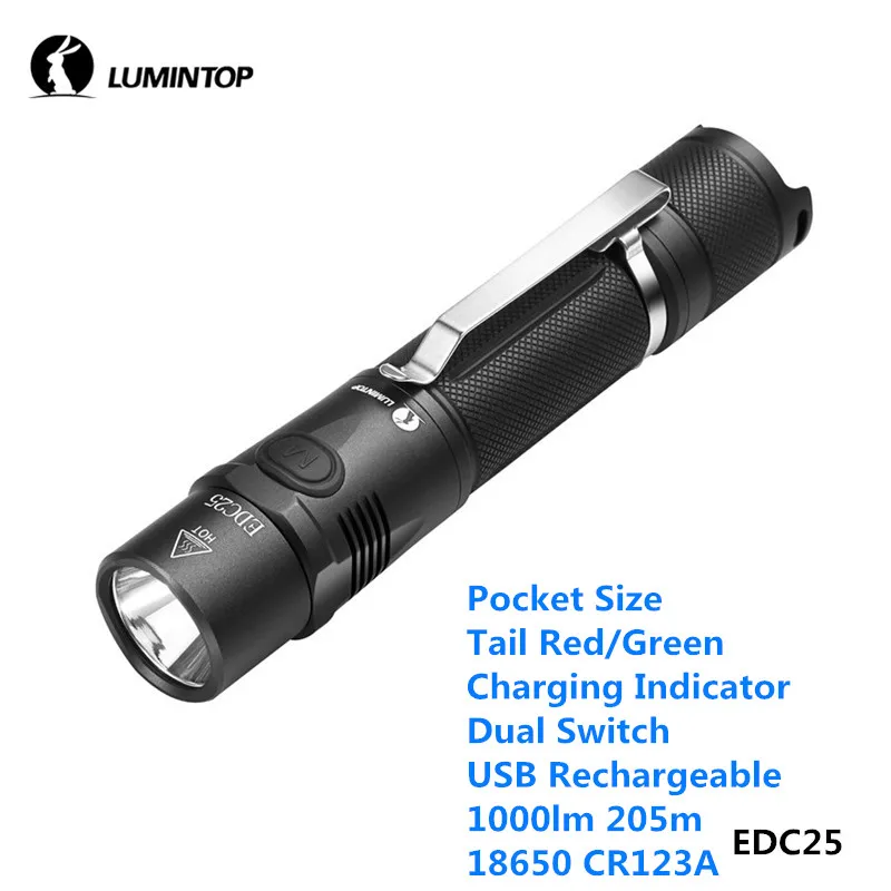 

LuminTop EDC25 USB Rechargeable Pocket Flashlight Dual Switch 1000lm 205m 18650 CR123A light with Red Green Charging Indicator